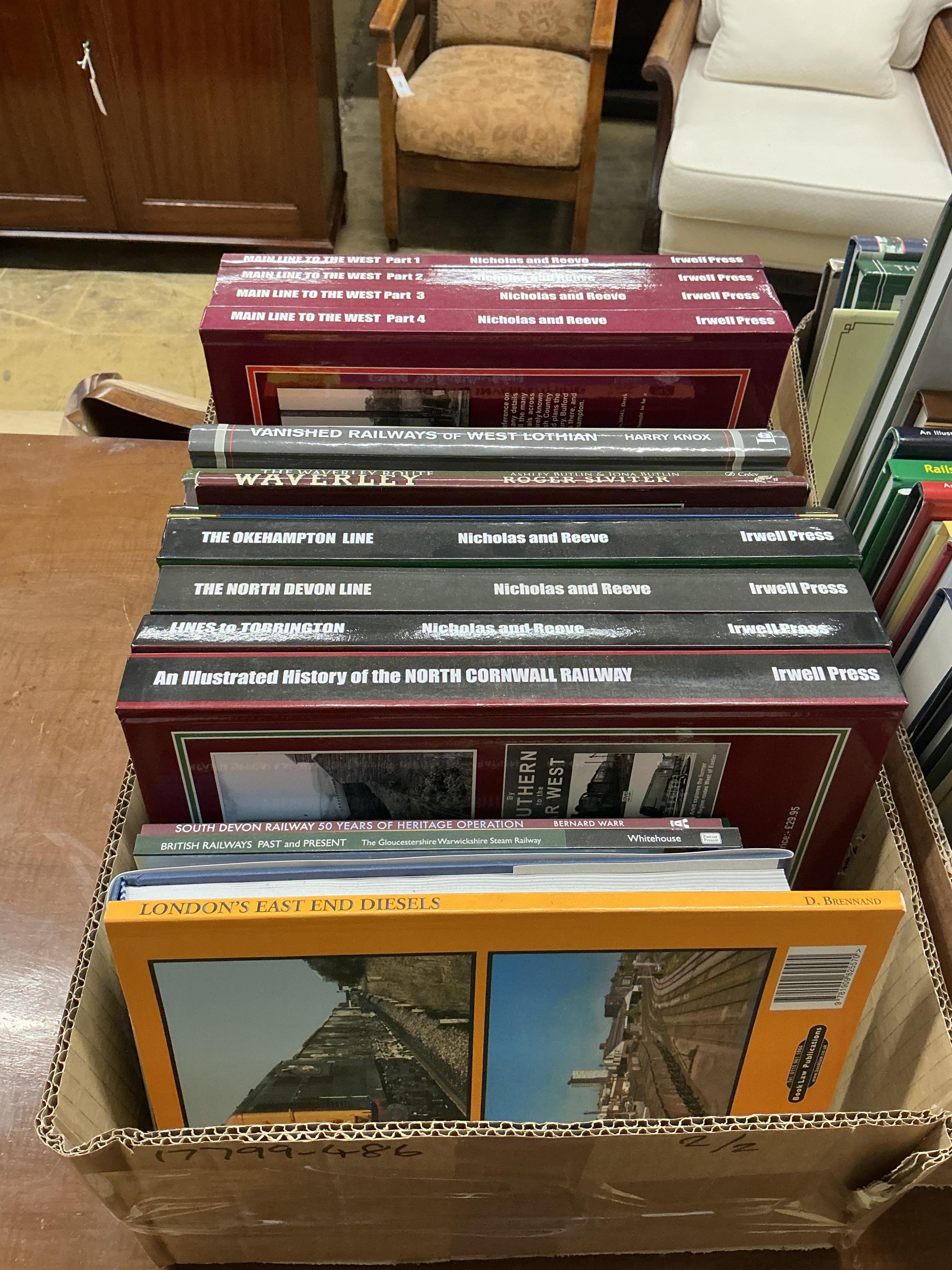 Two boxes of railway related books, subjects include; the Festiniog Railway, the Welsh Highland Railway, The Vale of Rheidol Light Railway, the Royal Arsenal Railways, the North Cornwall Railway, the North Devon Line, th